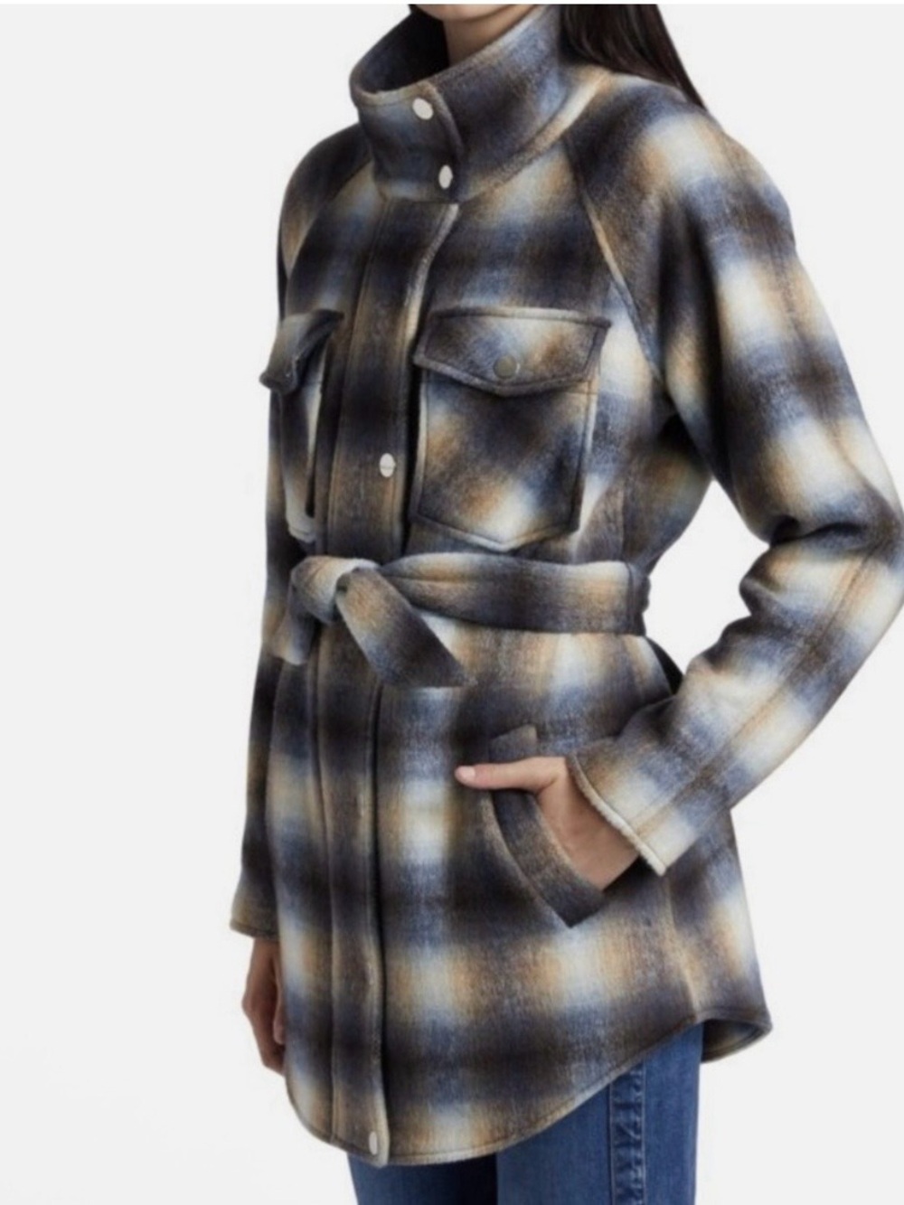 Veronica Beard Plaid Belted Shacket in Navy, Cream & Brown